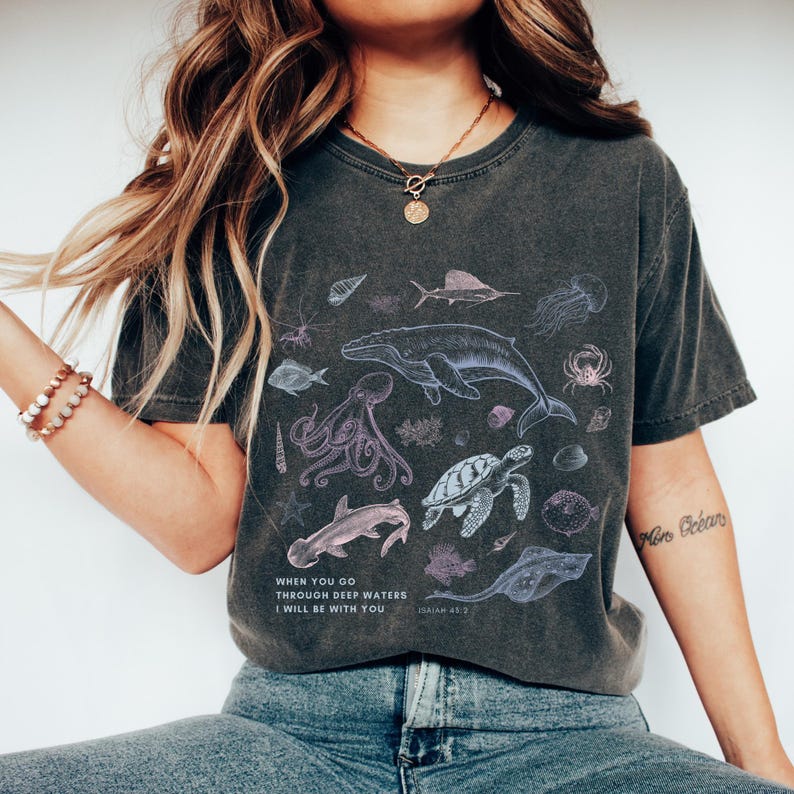 Vintage Isaiah 90s Tattoo Sea Animal Bible Verse Shirt, Colorful Ocean Scripture Inspired T-Shirt, Christian Deep Waters Whale Tee Shirt