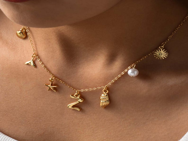 Shell Pearl Initial Necklace,Handmade Surfer Girl Initial Necklace,18K Gold Plated Shell Pearl Necklace,Ocean Charm Necklace,Summer Necklace