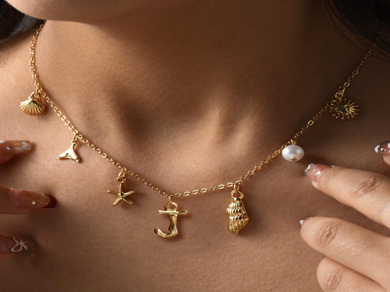 Shell Pearl Initial Necklace,Handmade Surfer Girl Initial Necklace,18K Gold Plated Shell Pearl Necklace,Ocean Charm Necklace,Summer Necklace