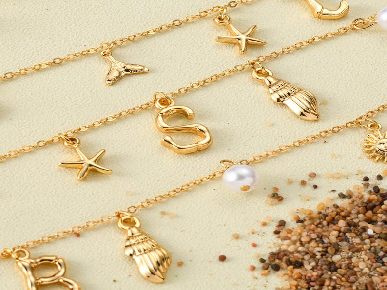 Shell Pearl Initial Necklace,Handmade Surfer Girl Initial Necklace,18K Gold Plated Shell Pearl Necklace,Ocean Charm Necklace,Summer Necklace