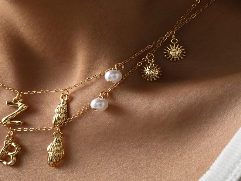 Shell Pearl Initial Necklace,Handmade Surfer Girl Initial Necklace,18K Gold Plated Shell Pearl Necklace,Ocean Charm Necklace,Summer Necklace