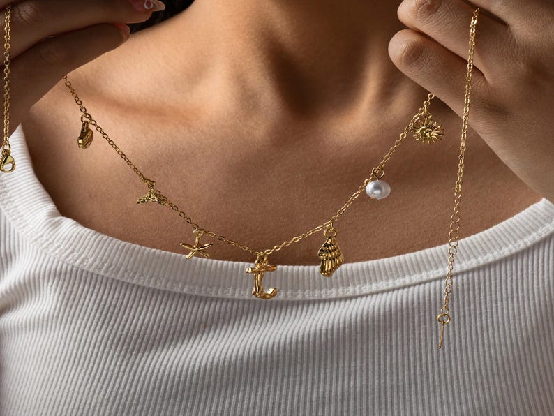 Shell Pearl Initial Necklace,Handmade Surfer Girl Initial Necklace,18K Gold Plated Shell Pearl Necklace,Ocean Charm Necklace,Summer Necklace