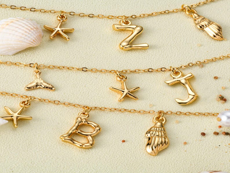 Shell Pearl Initial Necklace,Handmade Surfer Girl Initial Necklace,18K Gold Plated Shell Pearl Necklace,Ocean Charm Necklace,Summer Necklace