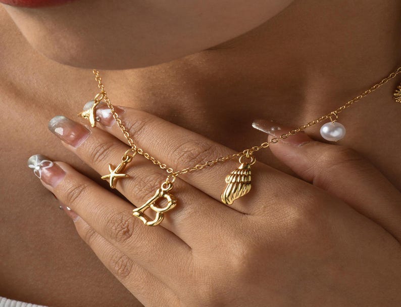 Shell Pearl Initial Necklace,Handmade Surfer Girl Initial Necklace,18K Gold Plated Shell Pearl Necklace,Ocean Charm Necklace,Summer Necklace