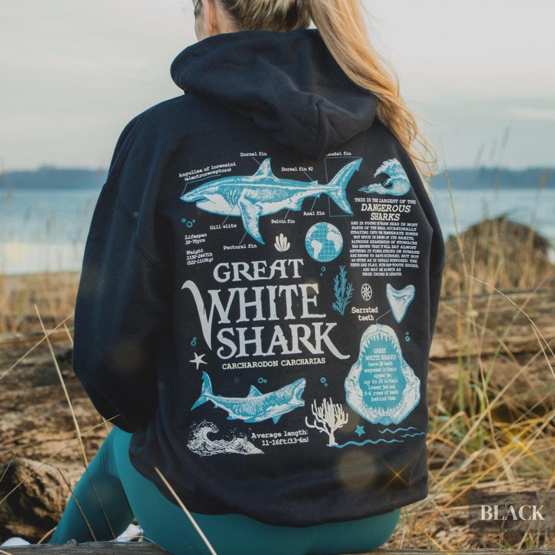 Retro Great White Shark Hoodie, Oceancore Aesthetic, Beach Sweater