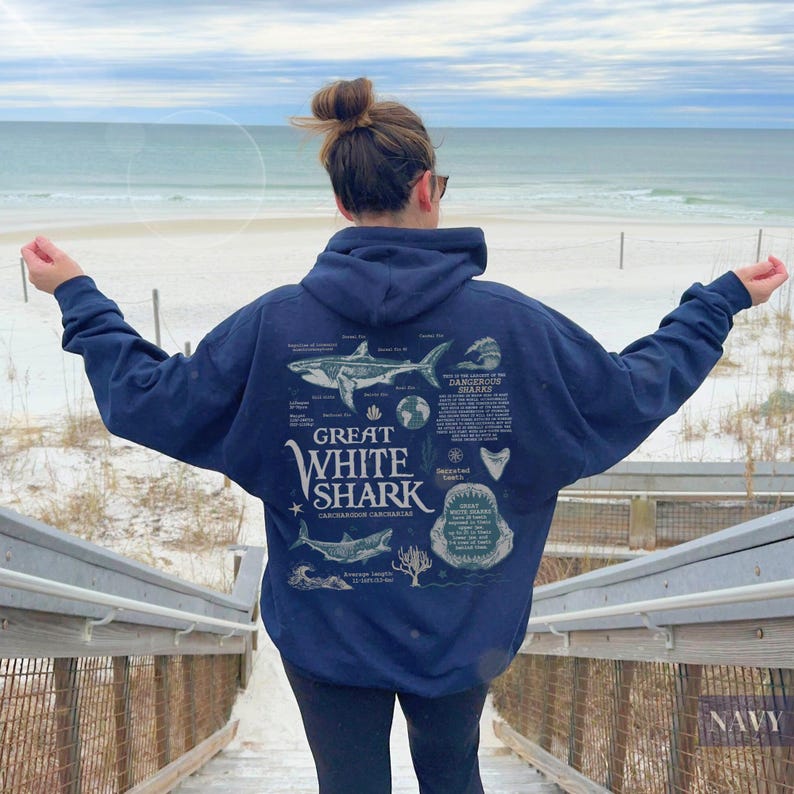 Retro Great White Shark Hoodie, Oceancore Aesthetic, Beach Sweater