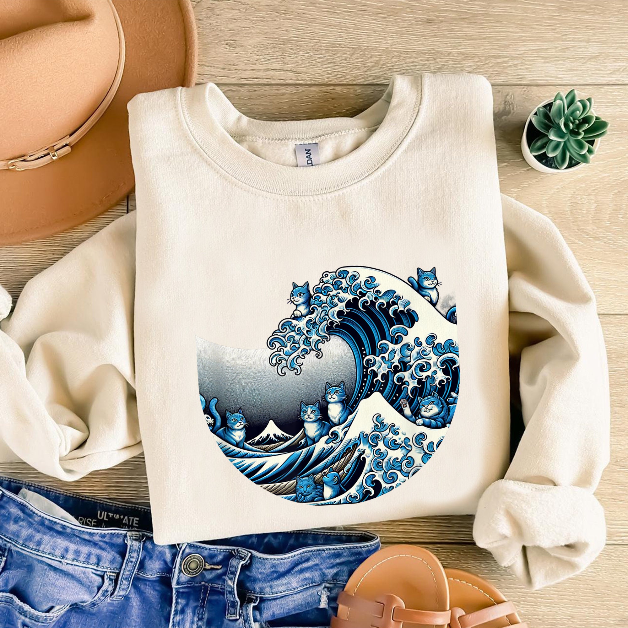 Unisex Artistic Wave Cat Ukiyoe Printed Sweatshirt