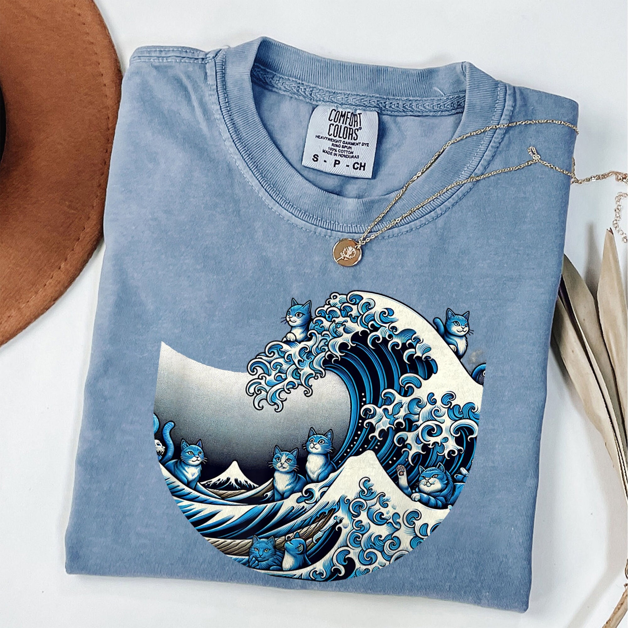 Unisex Wave Cat Ukiyoe Printed T-shirt