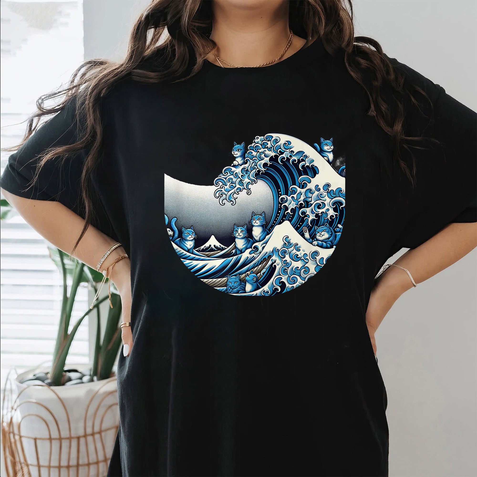 Unisex Wave Cat Ukiyoe Printed T-shirt