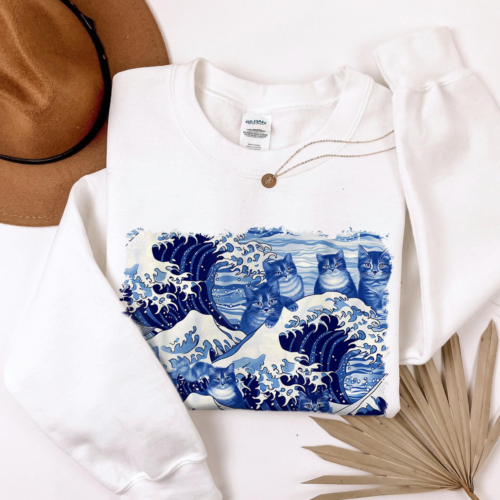 Unisex Artistic Wave Cat Ukiyoe Printed Sweatshirt