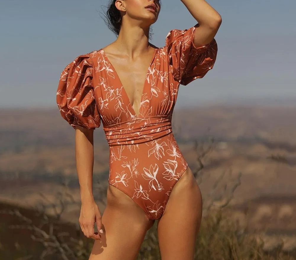 V Neck Puff Sleeve Backless One Piece Swimsuit