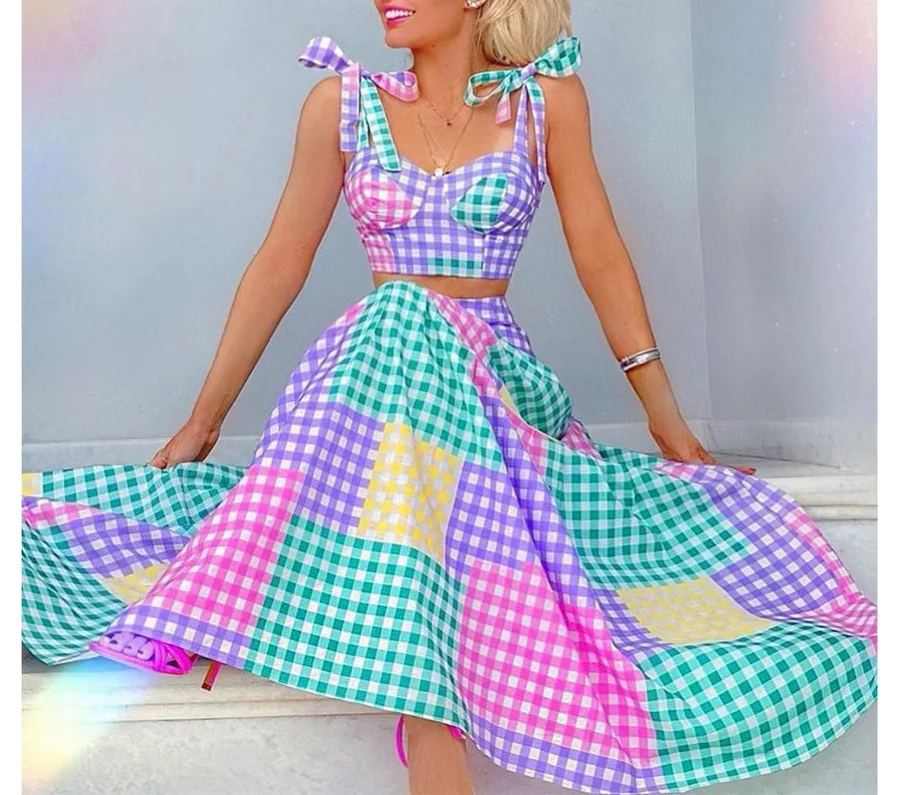 Colorful Plaid Lacing Shoulder Bikini Cover-up