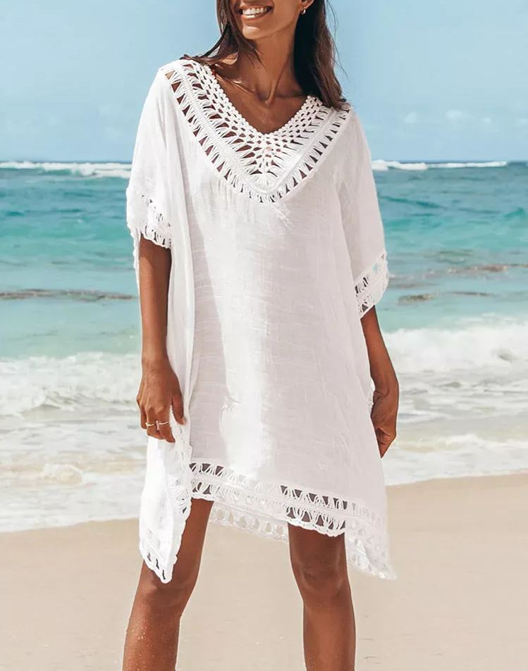White Crochet Dolman Sleeve Cover Up