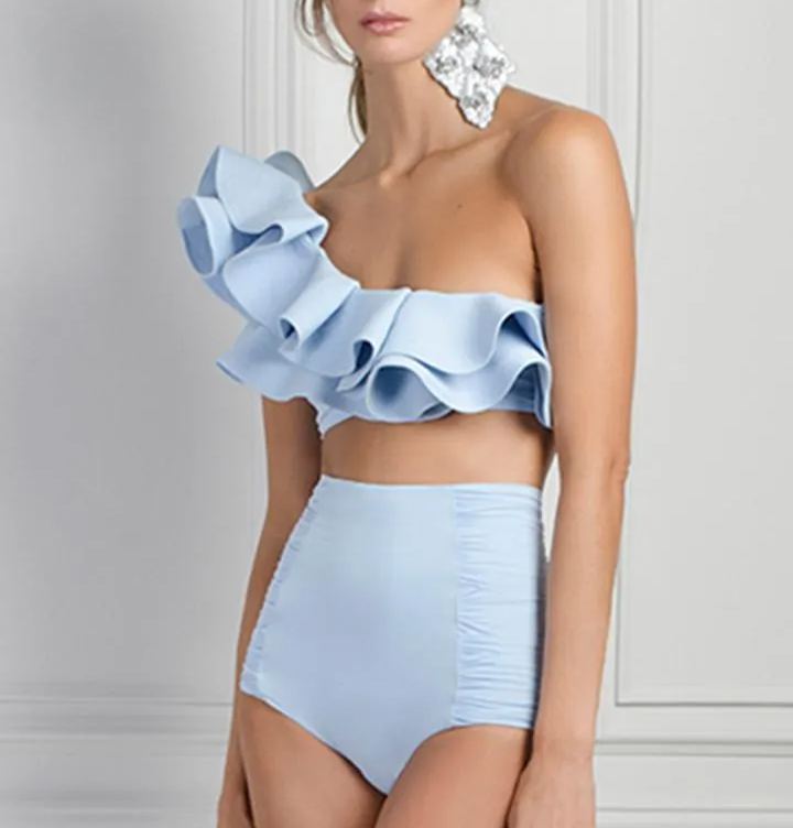 One-shoulder Ruffled Solid Bikini