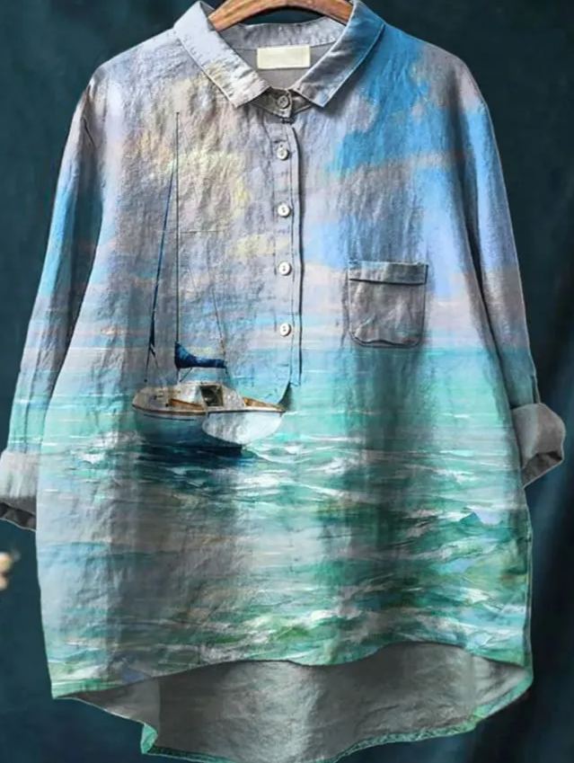 Vintage Lovely Sailing Boat Oil Painting Art Print Casual Cotton And Linen Shirt
