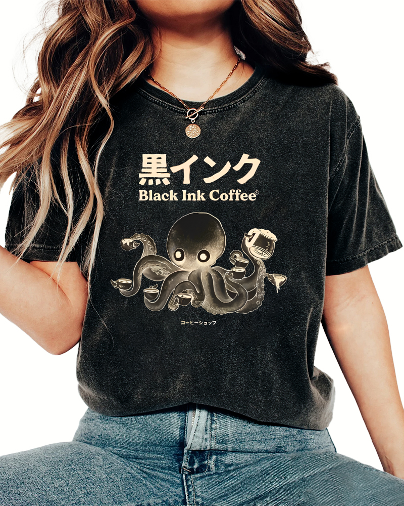 Black Ink Coffee Octopus Japan Vintage Washed T-shirt