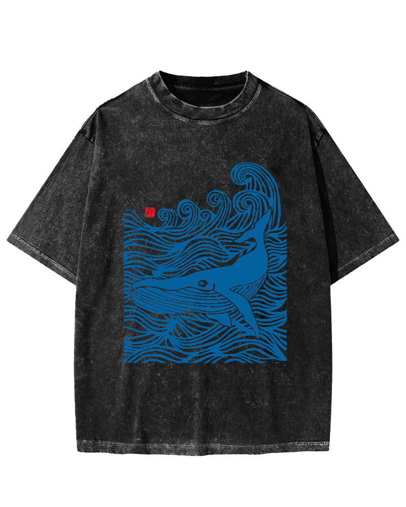 Whales in the Waves, Japanese Style Vintage Washed T-shirt