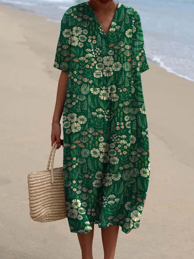 Women's Green Floral Pattern Beach Resort Dress