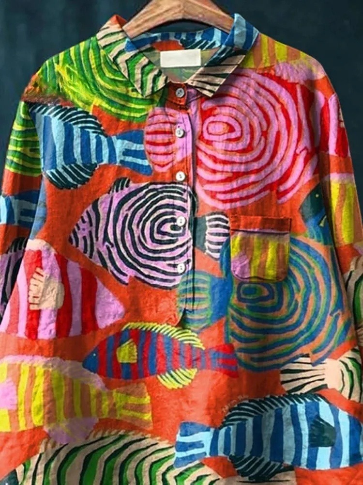 Colorful Abstract Fish Repeat Pattern Printed Women's Casual Shirt