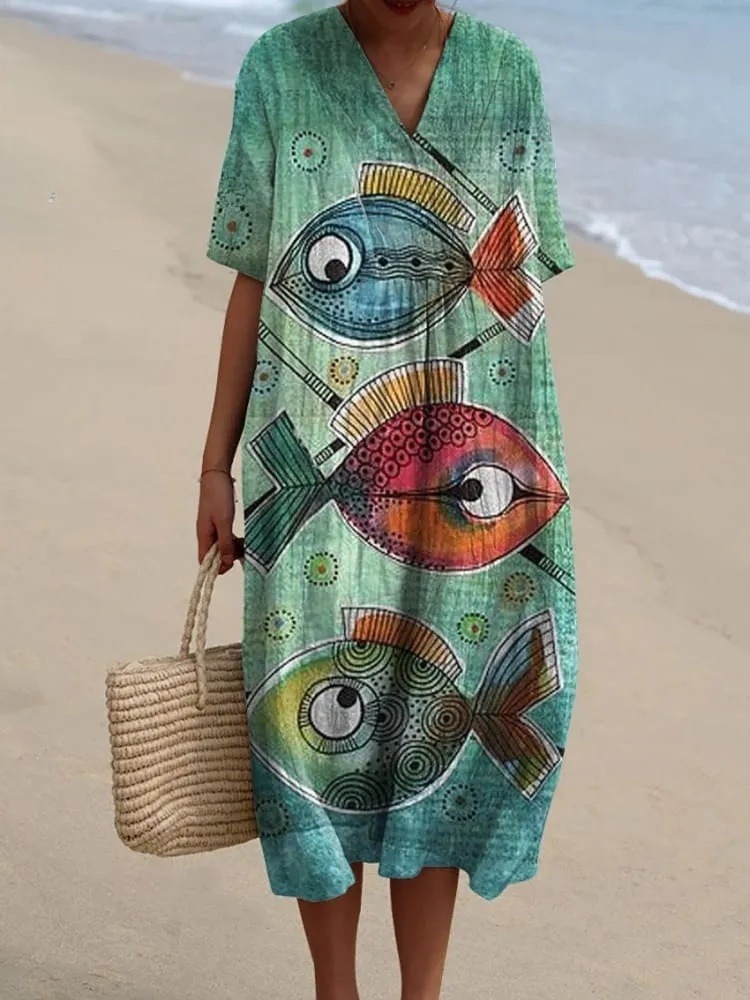 Women's Vintage Lovely Fish Art Print Flowy Dress