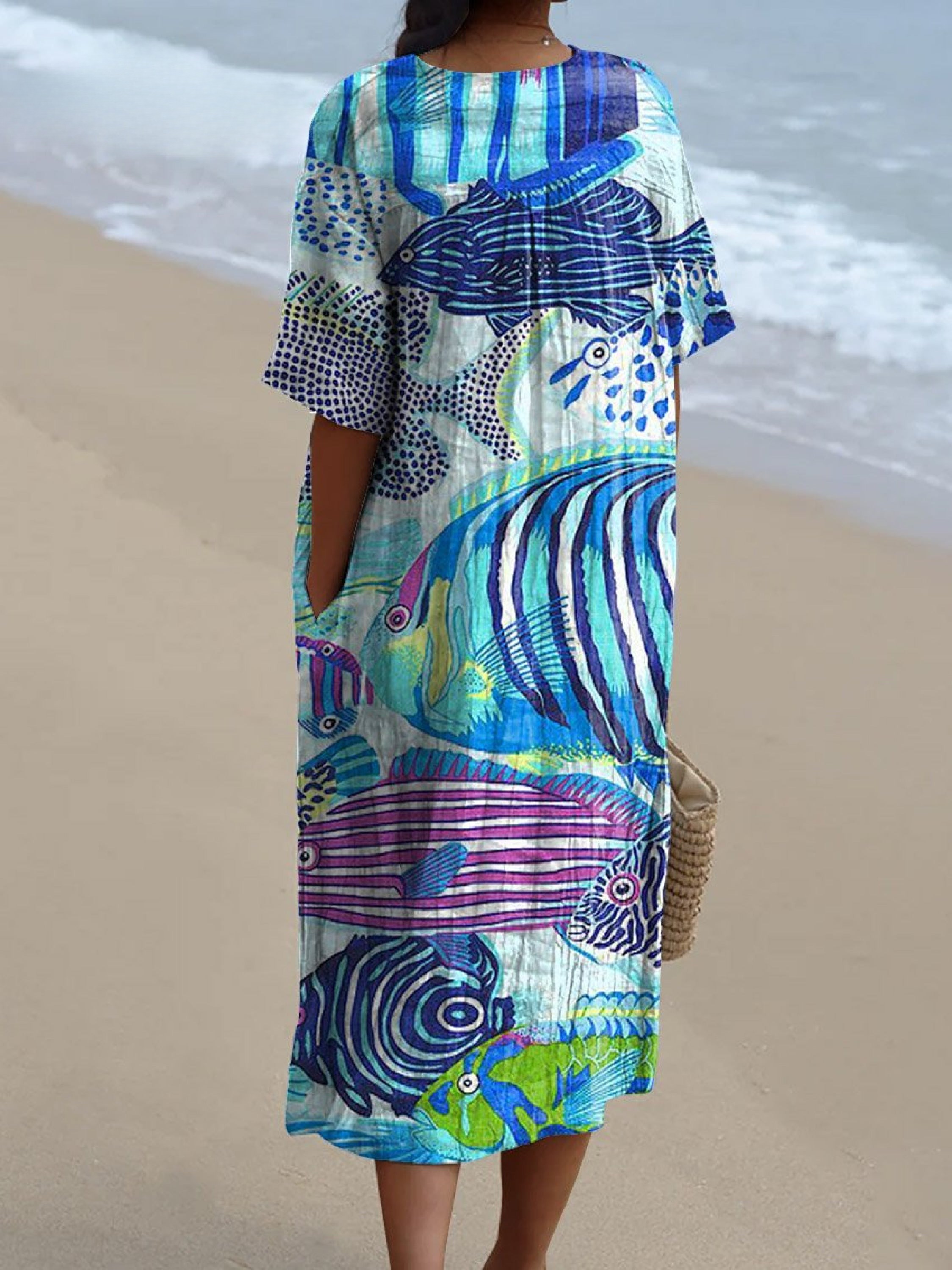 Women's Vintage Lovely Fish Art Print Flowy Dress
