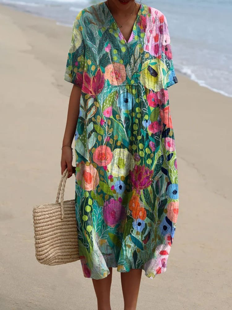 Women's Vintage Floral Art Print Flowy Dress