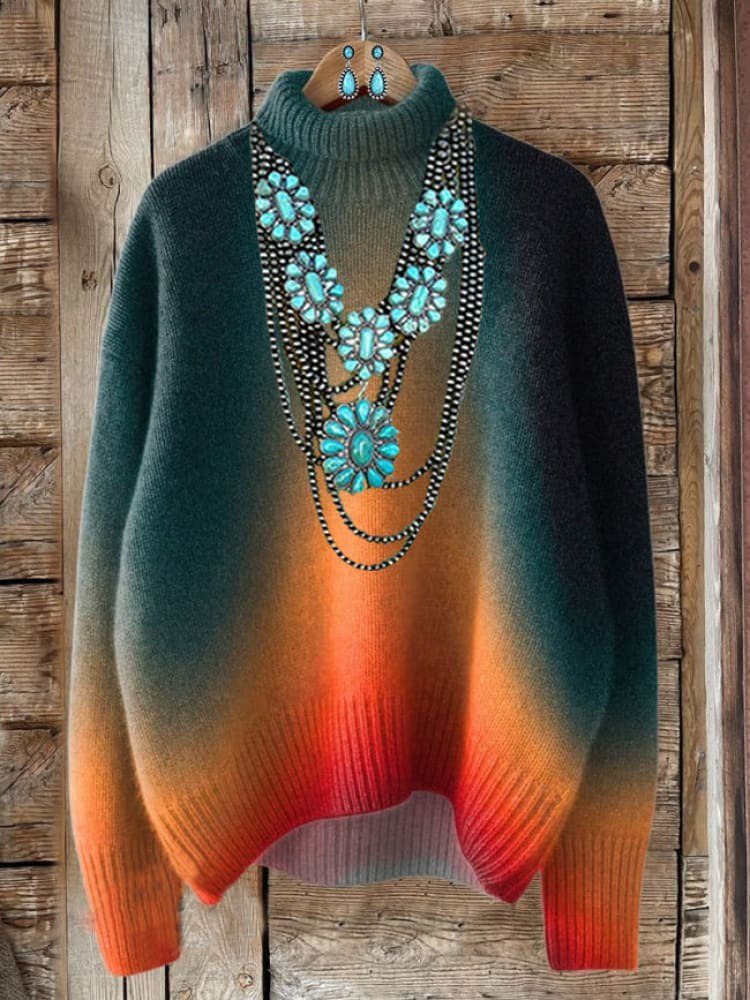 Vintage Print Knit Turtleneck Pullover Sweater