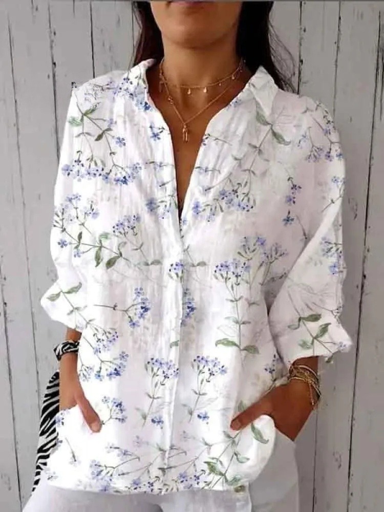Women's Purple Floral Print Casual V-neck Shirt