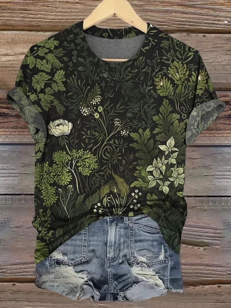 Vintage Floral Print Casual Short Sleeve Top