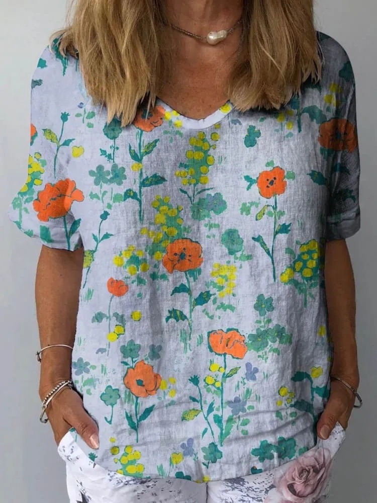 Women's Vintage Lovely Floral Art Print Casual Cotton And Linen Shirt