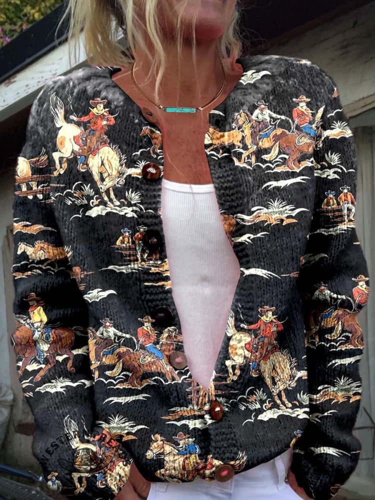 🔥Global best-selling🔥Black Cowboy Print Buttoned Cardigan Sweater