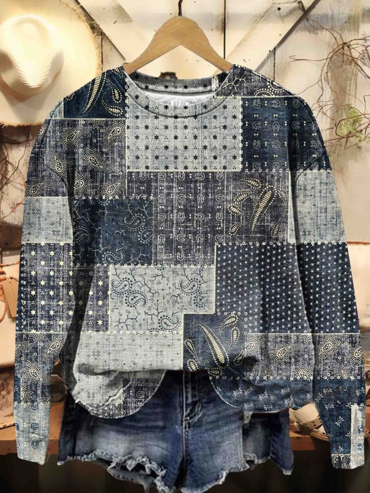 Retro Patchwork Print Casual Sweatshirt