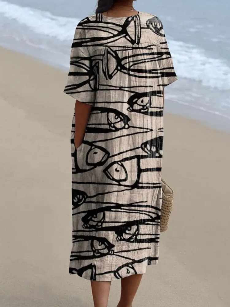 Women's Vintage Lovely Fish Art Print Flowy Dress