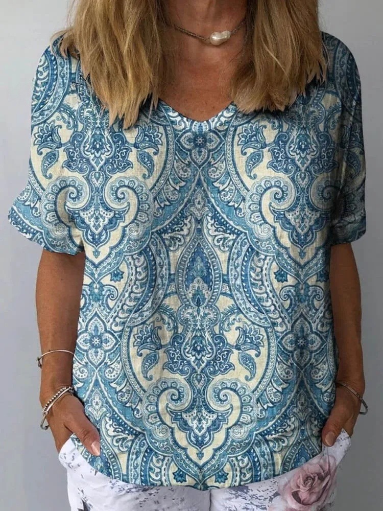 Women's Vintage Floral Art Print Casual Cotton And Linen Shirt