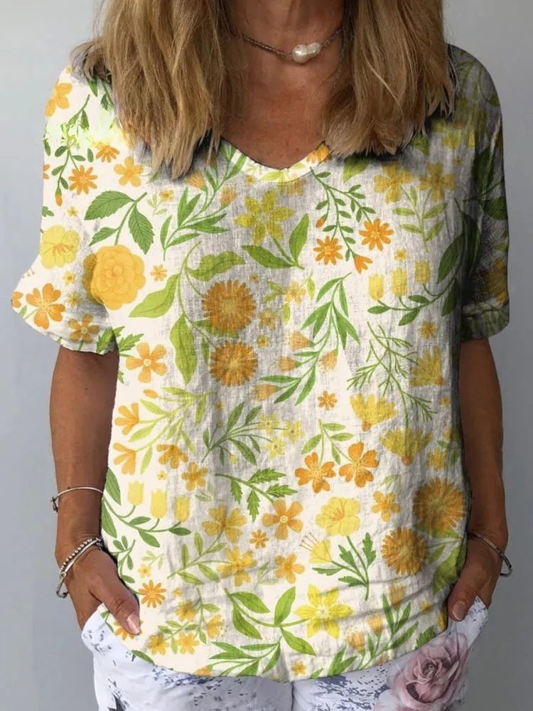 Lovely Summer Floral Pattern Printed Women's Casual Cotton And Linen Shirt