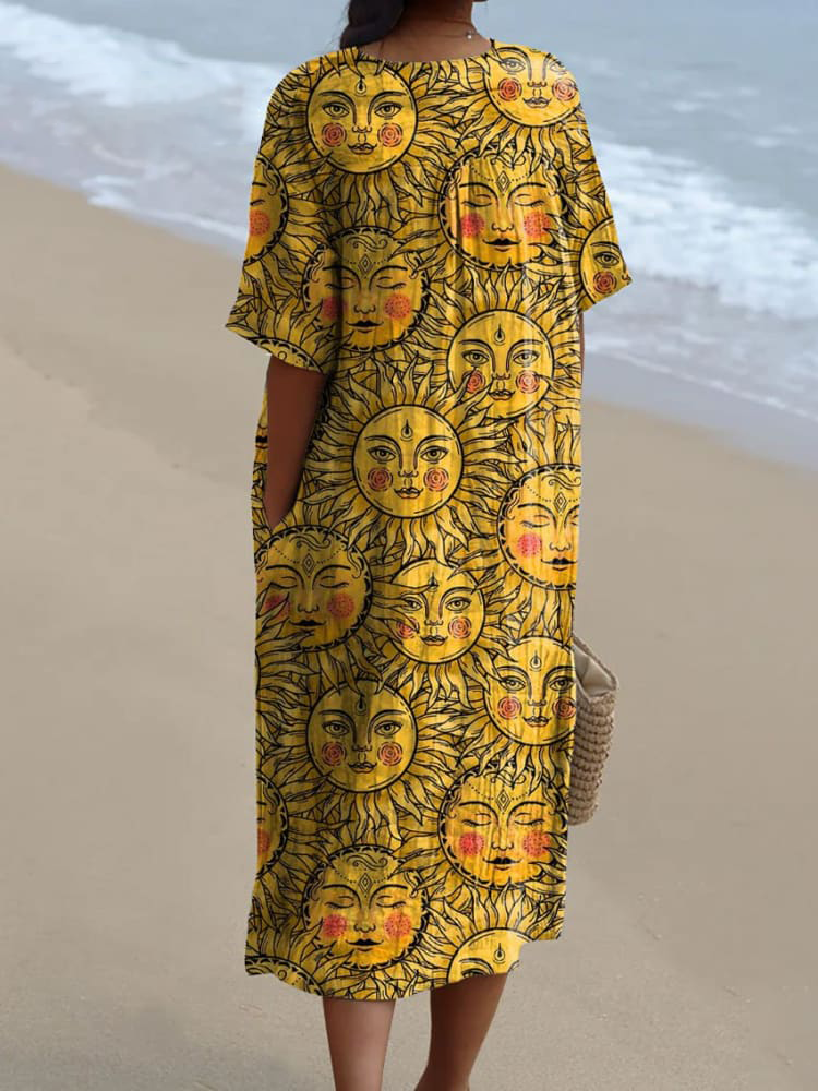 Women's Vintage Lovely Sun Pattern Art Print Flowy Dress