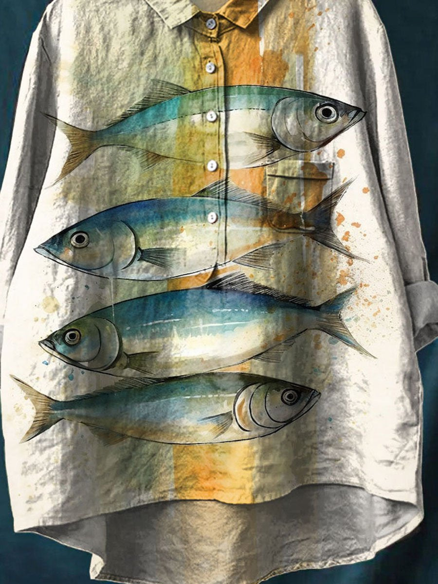 Vintage Lovely Fish Art Print Casual Cotton And Linen Shirt