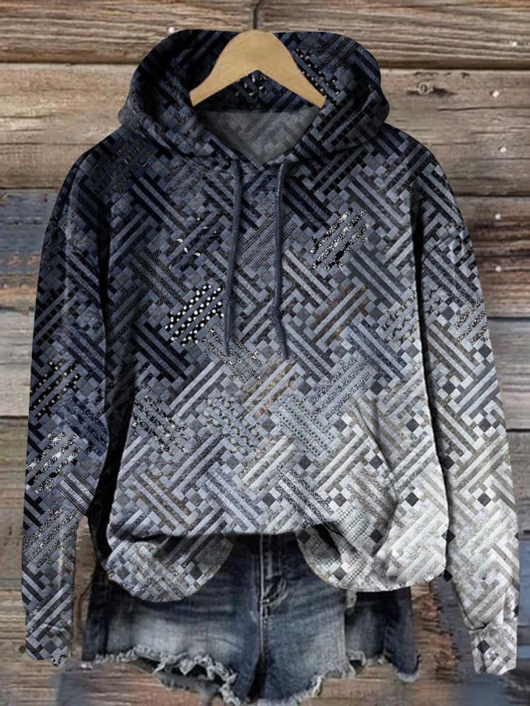 Ombre Geometric Quilt Art Printed Casual Hoodie Sweatshirt