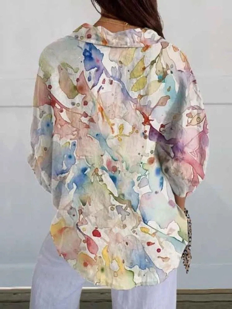 Women's Colorful Watercolor Art Print Casual V-neck Shirt