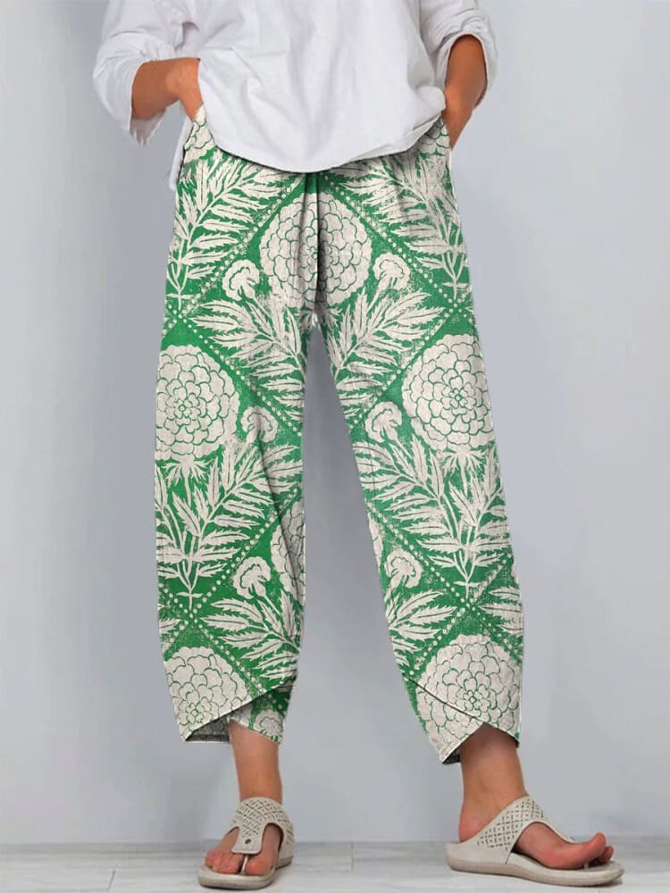 Women's Vintage Lovely Floral Art Printed Cotton And Linen Casual Pants