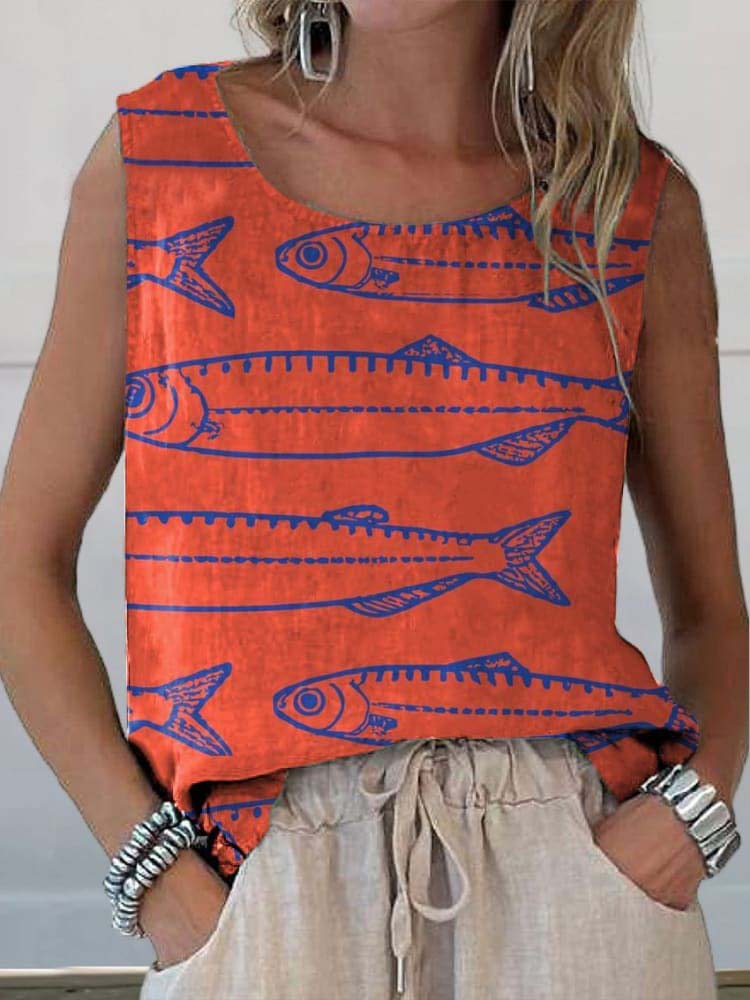 Vintage Style Sardine Fish Pattern Printed Women's Casual Tank Top