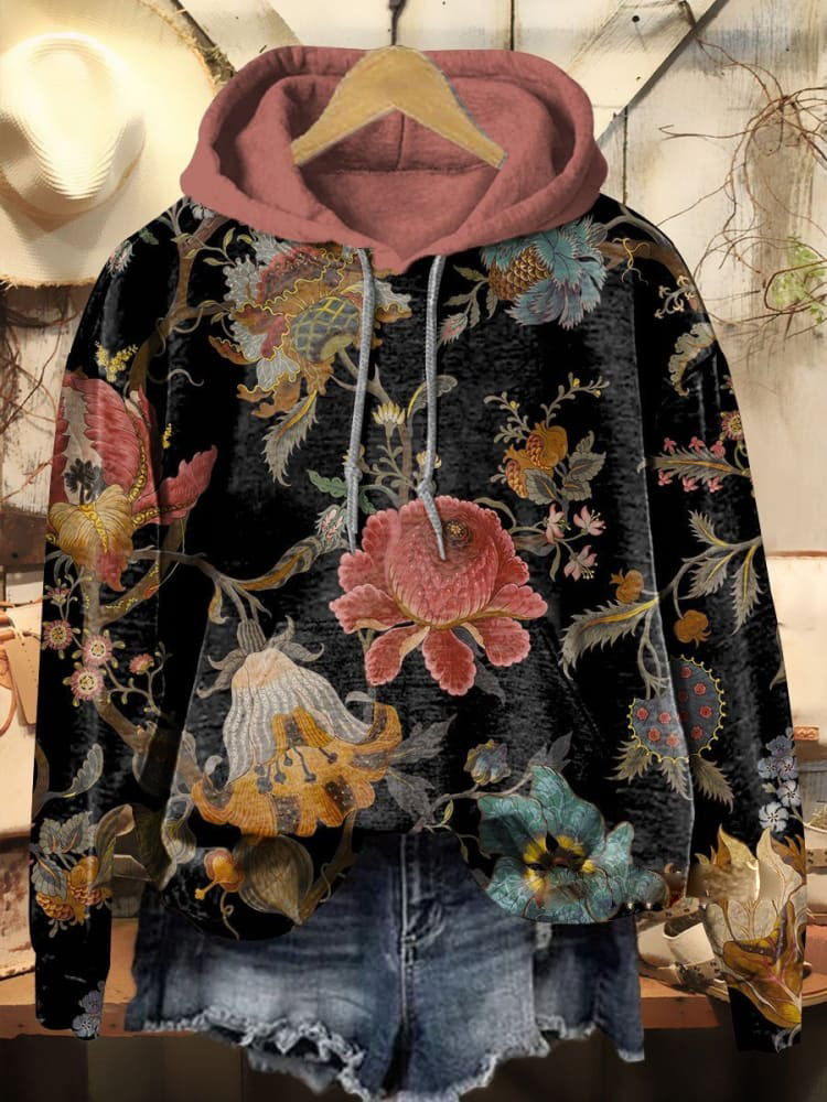 Retro Gorgeous Flower Print Casual Hoodie Sweatshirt