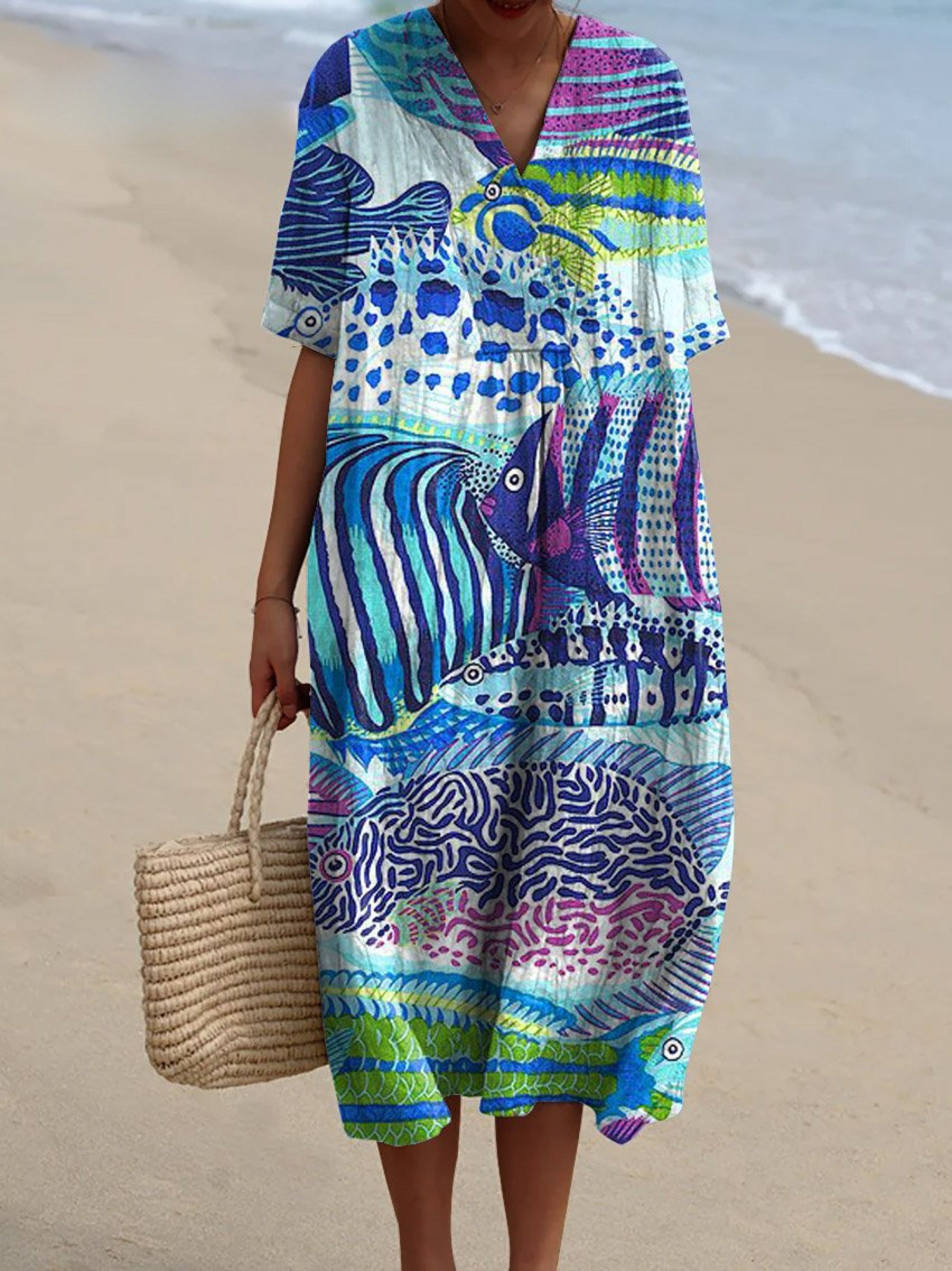 Women's Vintage Lovely Fish Art Print Flowy Dress