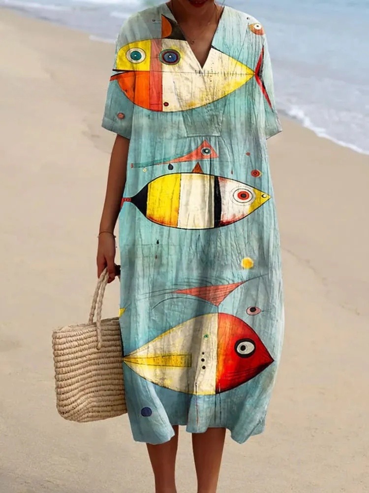 Women's Vintage Abstract Fish Art Print Flowy Dress