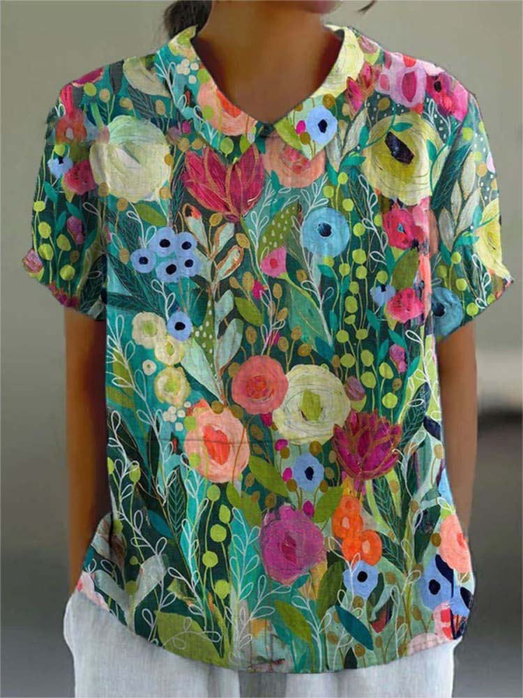Women's Vintage Flower Print Casual Cotton And Linen Shirt