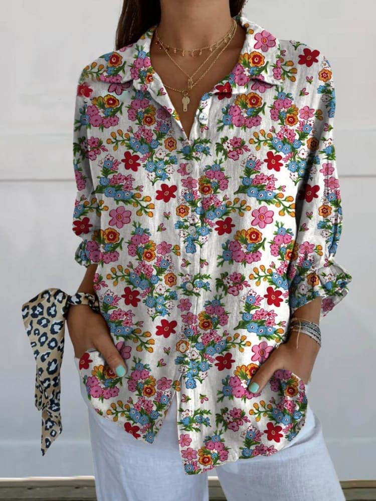 Women's Vintage Lovely Floral Art Print Casual Linen V-neck Shirt
