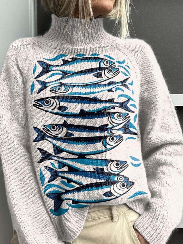 Sardines Decorative Pattern Knit Turtleneck Pullover Sweater