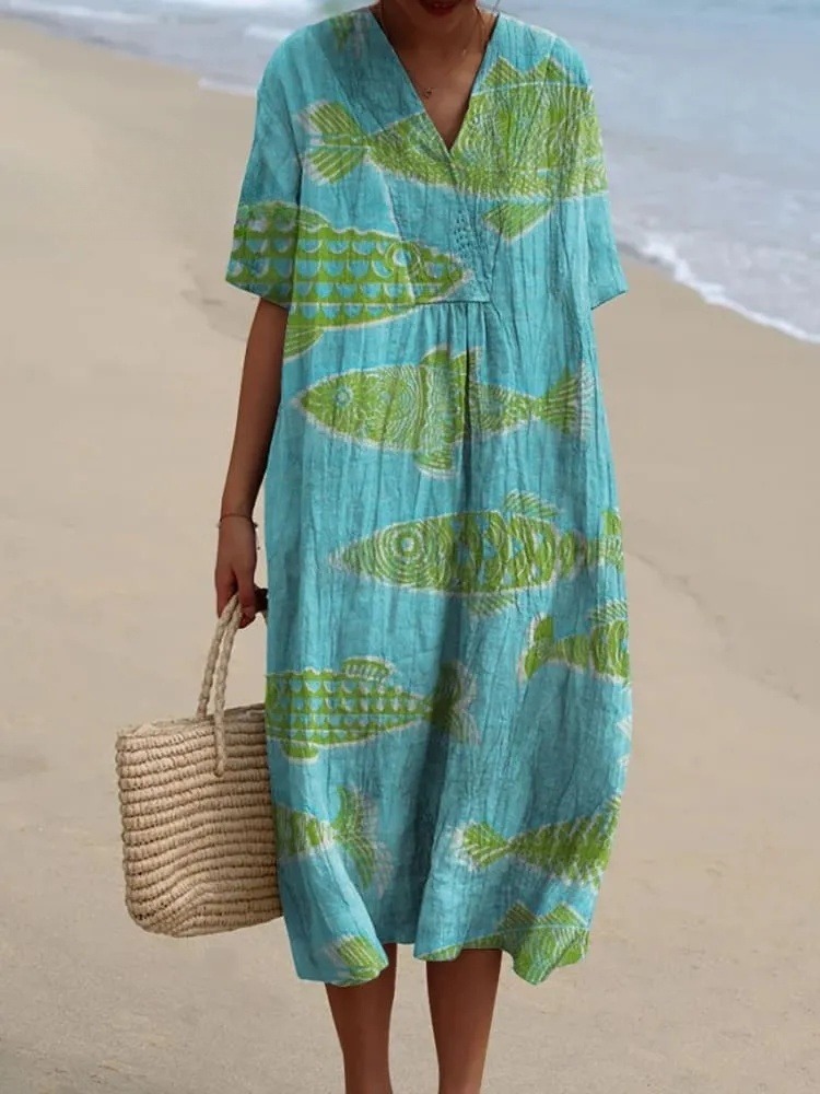 Women's Vintage Lovely Fish Art Print Flowy Dress