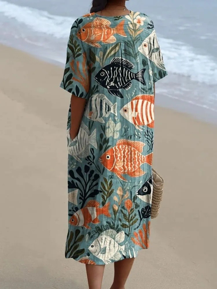 Women's Vintage Lovely Fish Art Print Flowy Dress