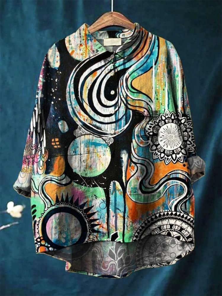Women's  Retro Geometry Print Casual Cotton And Linen Shirt